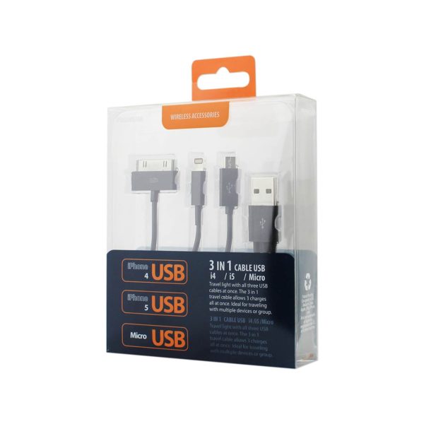 Reiko 8 Pin & Micro USB Trio 3-in-1 USB Data Cable 0.58Ft in Black | MaxStrata Sale - Image 3