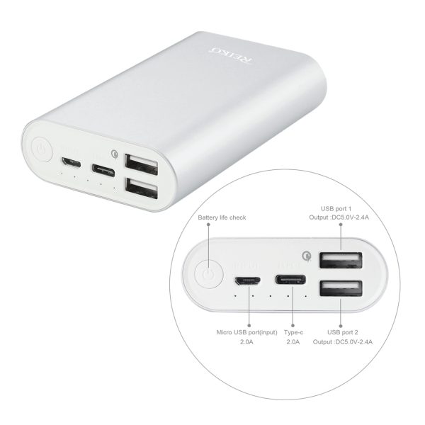 Reiko 2A5V 6800mAh Universal Power Bank with Two USB-A Ports & One USB-C in Silver | MaxStrata Fashion - Image 2